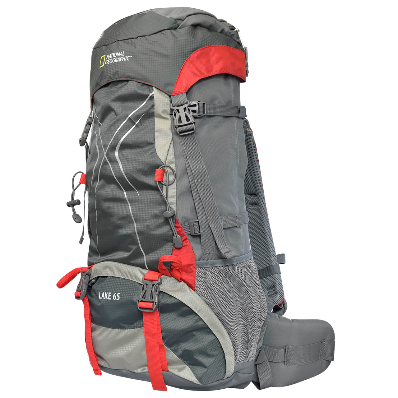 Mochila Nat Geo para alta montaña Lake 65 L con funda protectora, negro con rojo