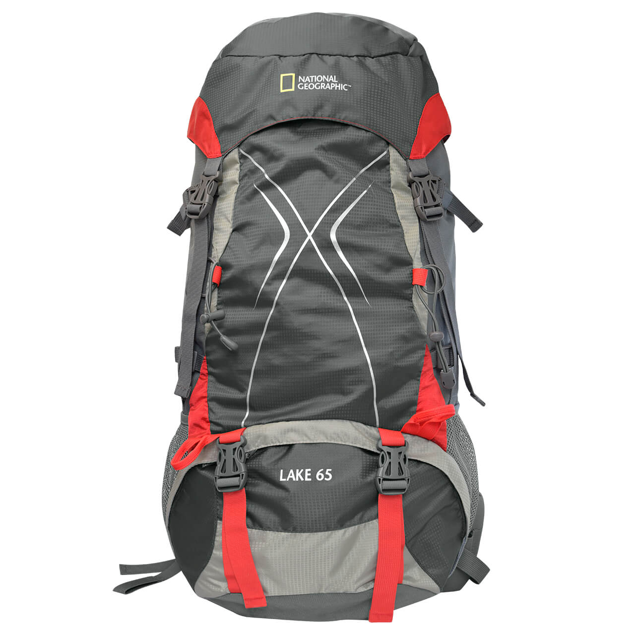 Mochila Nat Geo para alta montaña Lake 65 L con funda protectora, negro con rojo