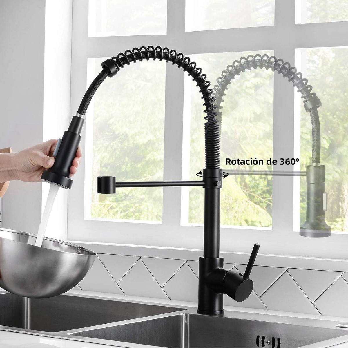 Grifo de cocina con resorte de acero inoxidable  muelle giratorio 360° premium fregadero de cocina de agua fría y caliente