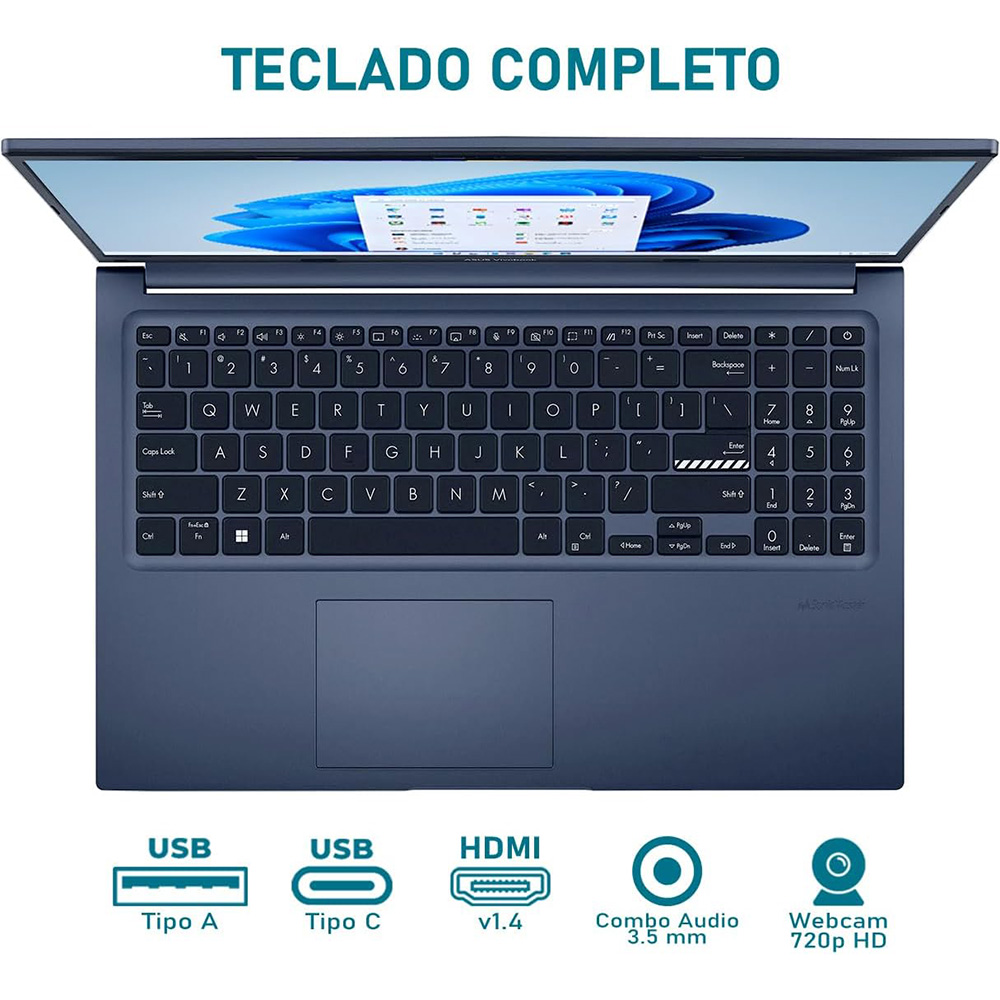 LAPTOP ASUS VIVOBOOK CORE I5 1235U 256GB SSD 8GB DDR4 15.6" FHD TEC/ING W11H AZUL F1504ZA-WH52 90NB1021-M02810