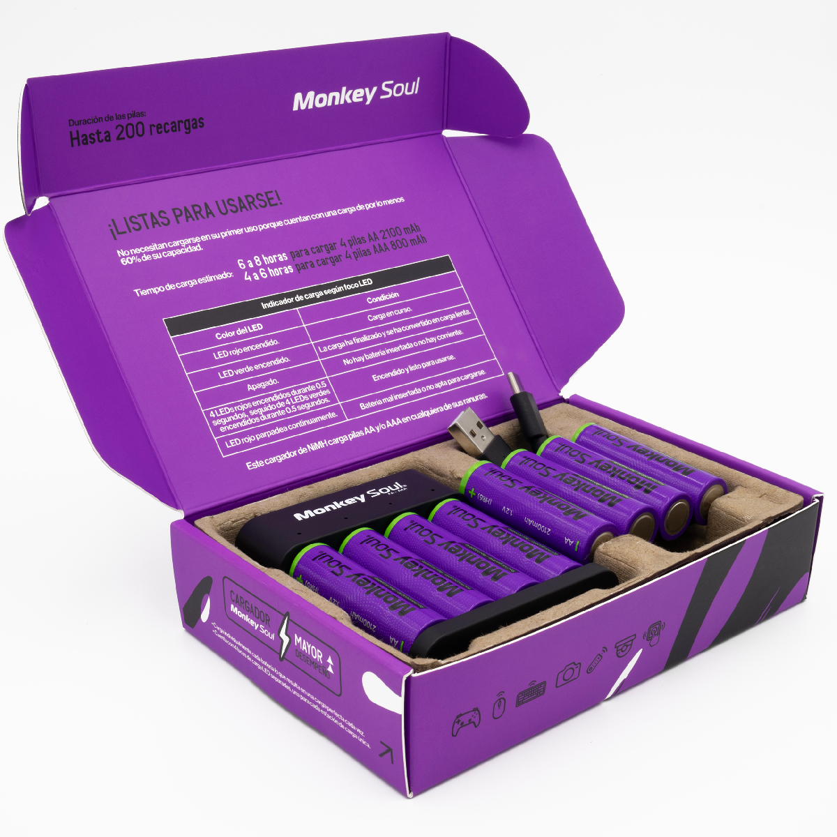 Cargador Pilas Baterías + 8 AA Recargables Monkey Soul USB-C