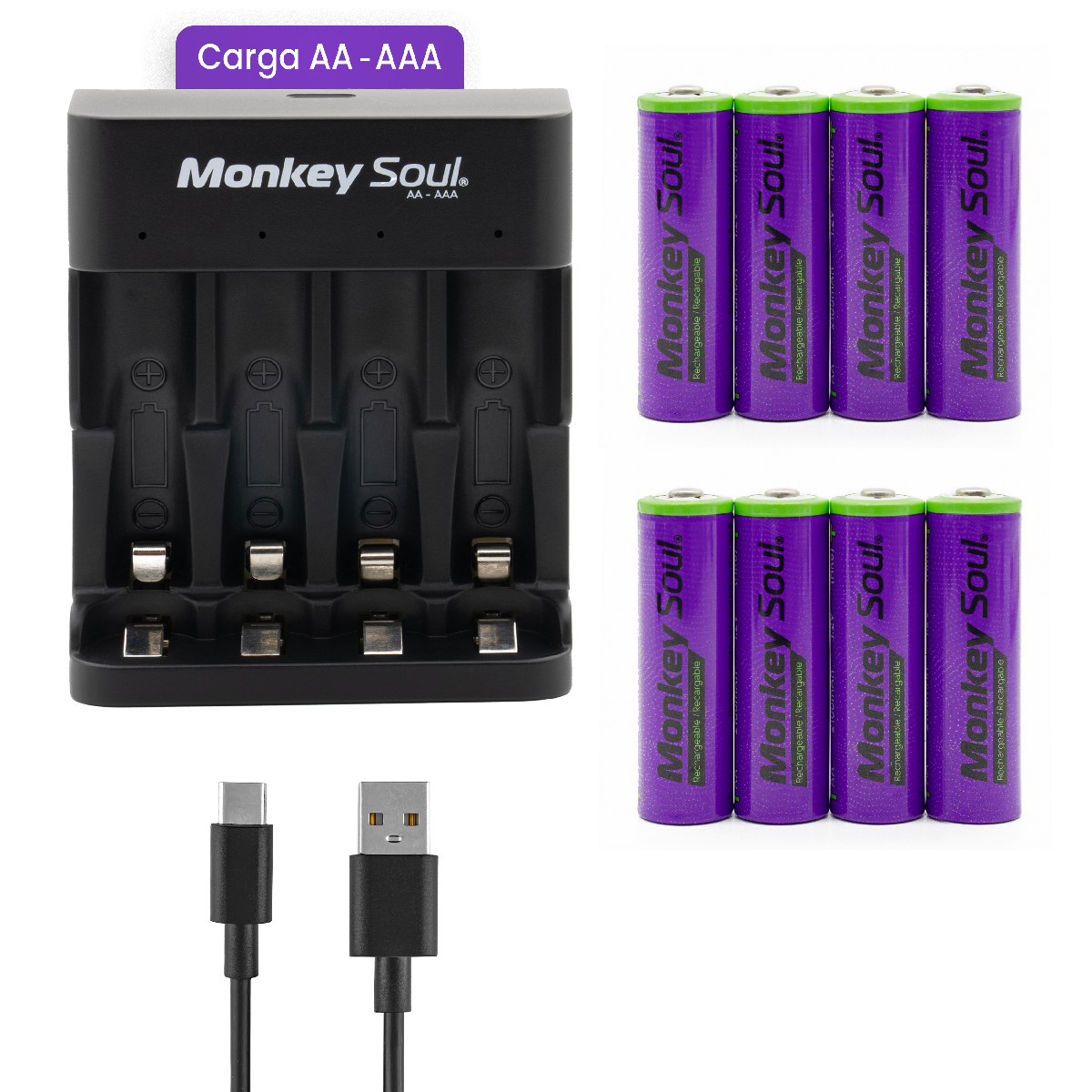 Cargador Pilas Baterías + 8 AA Recargables Monkey Soul USB-C