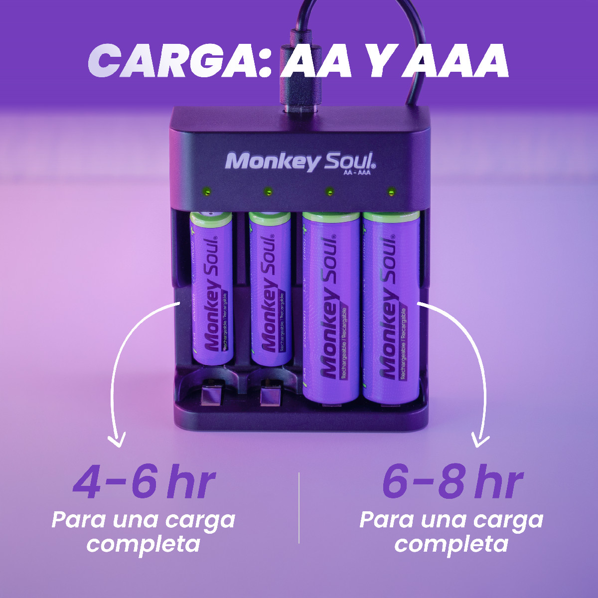 Cargador Pilas Baterías + 8 AA Recargables Monkey Soul USB-C