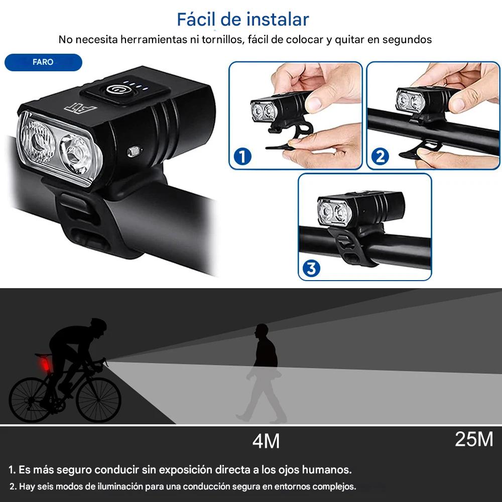Luz bicicleta USB recargable luces LED bicicleta 6 modos linterna faro lámpara delantera.