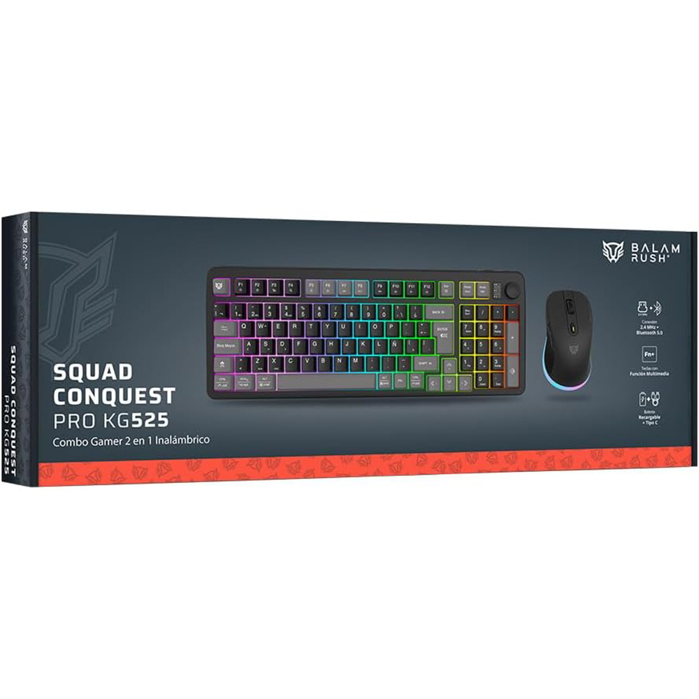 KIT 2 EN 1 WIFI BALAM RUSH SQUAD CONQUEST PRO KG525 NEGRO TECLADO 85% + MOUSE 7200DPI RGB BLUETOOTH RECARGABLE BR-940429