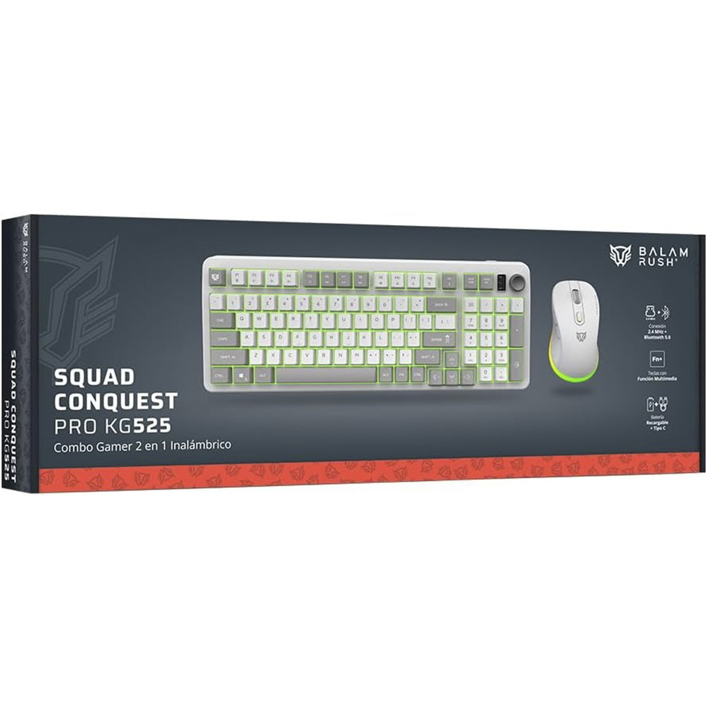 KIT 2 EN 1 WIFI BALAM RUSH SQUAD CONQUEST PRO KG525 BLANCO TECLADO 85% + MOUSE 7200DPI RGB BLUETOOTH RECARGABLE BR-940436