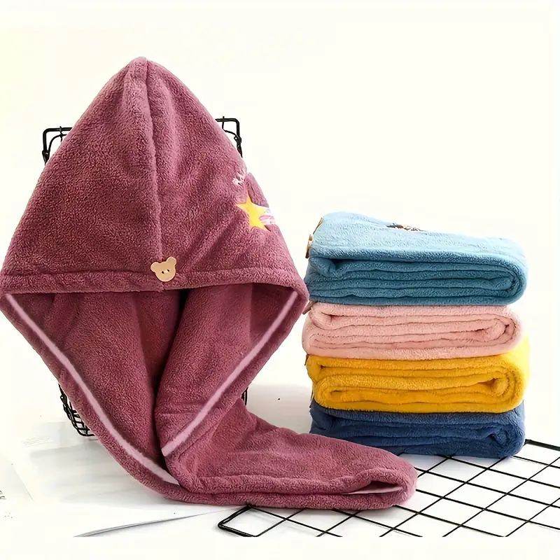 Toalla para Cabello, Secado Rápido, Boton De Osito, Natación, Spa y Baño, Turbante Para Pelo, 2 Piezas