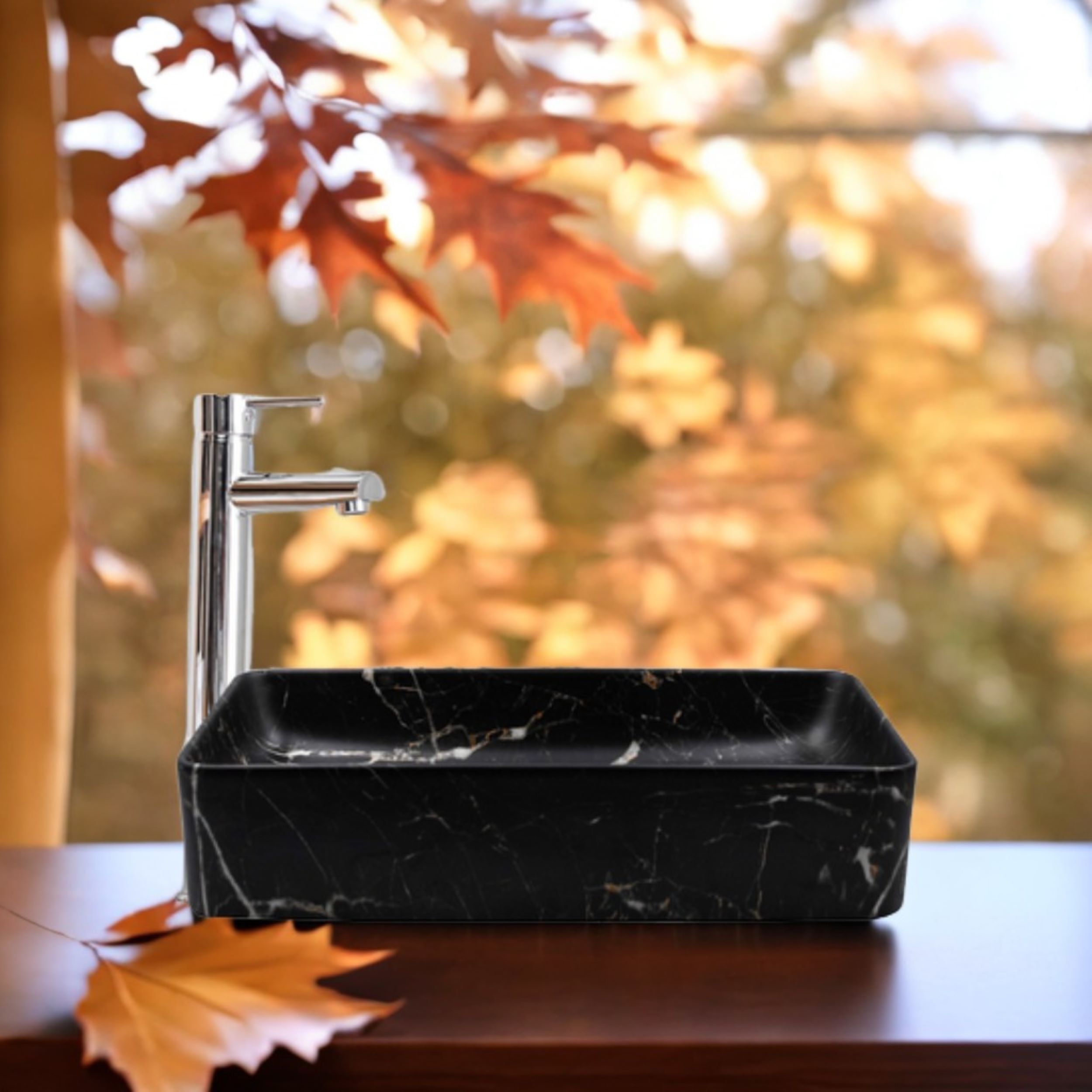 Lavabo Cerámico para Baño ANTI, forma rectangular acabado marmoleado mate en color negro. De sobreponer, con diseño europeo ideal para todo tipo de baños. Dimensiones 50.0 x 35.5 x 11.0 cms. (base x altura x profundidad)