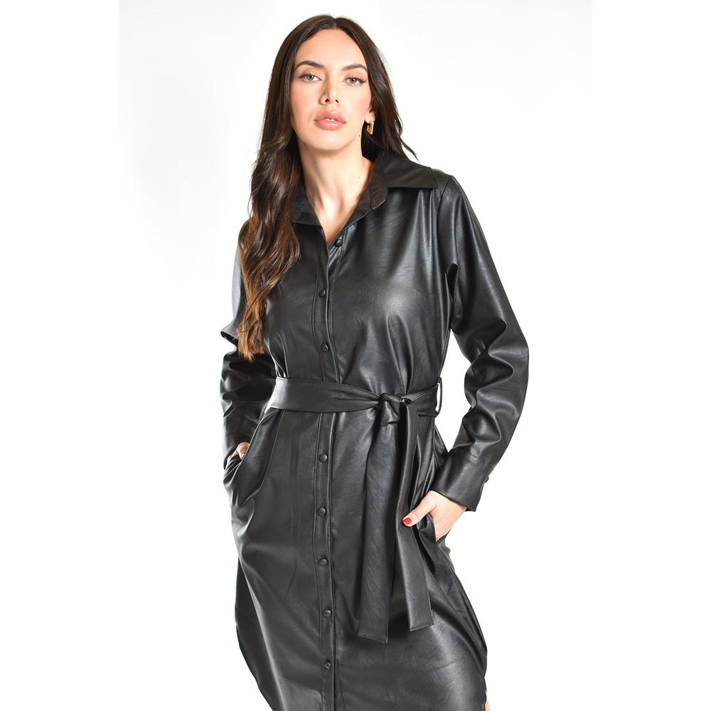 Vestido camisero de piel sintetica Roman Fashion /Juvenil, 104 (Negro)