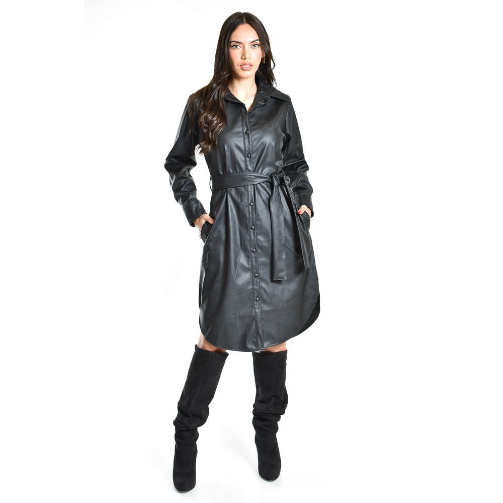 Vestido camisero de piel sintetica Roman Fashion /Juvenil, 104 (Negro)