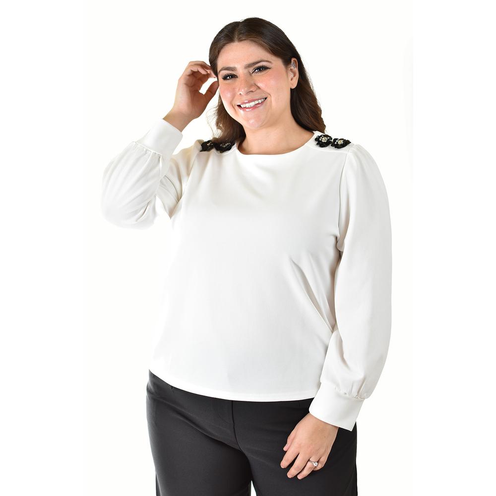 Blusa con detalle de flor en hombro Roman Fashion /Tallas Extras, 5106 (Blanco)