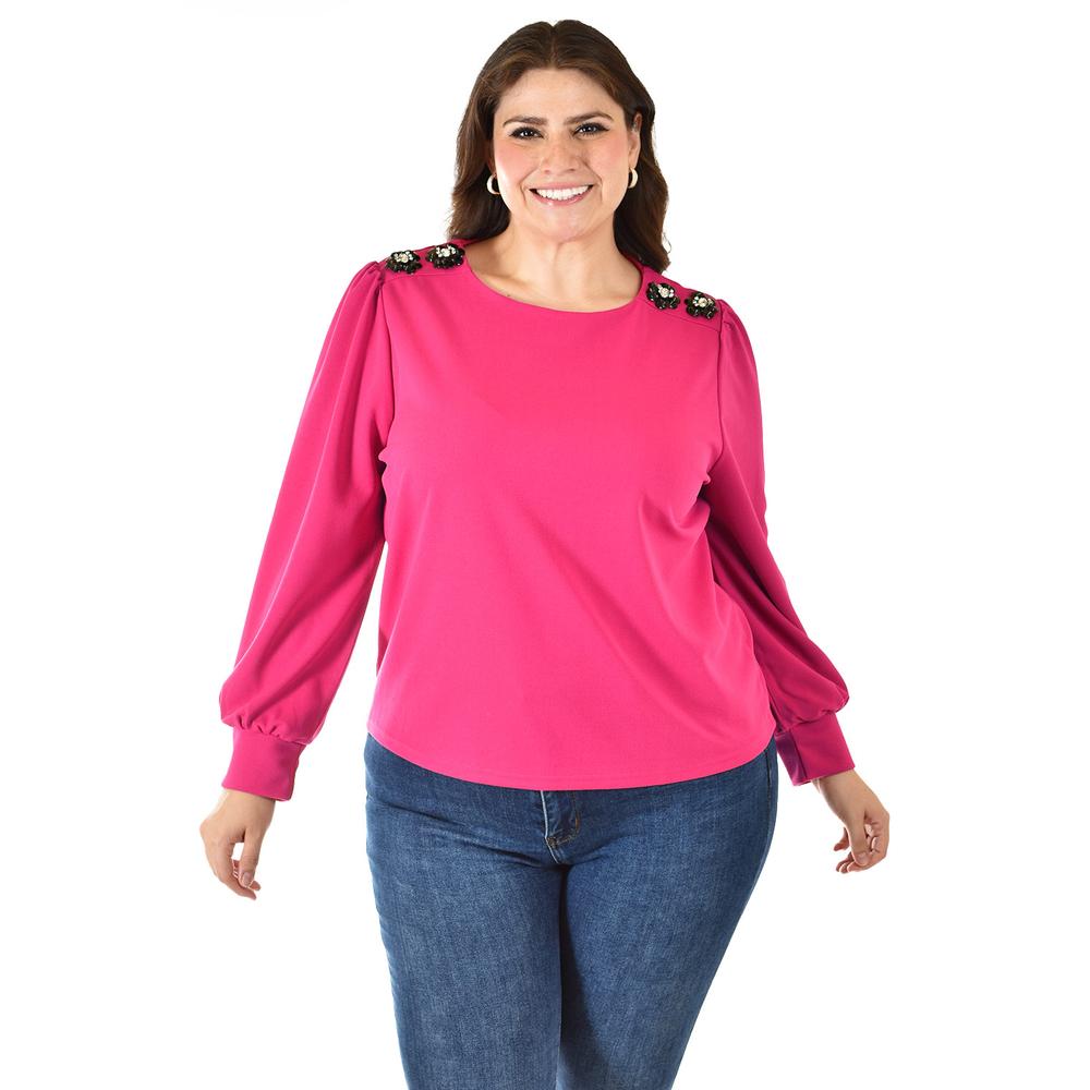 Blusa con detalle de flor en hombro Roman Fashion /Tallas Extras, 5106 (Fiusha)