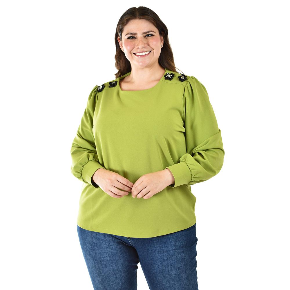 Blusa con detalle de flor en hombro Roman Fashion /Tallas Extras, 5106 (Verde)