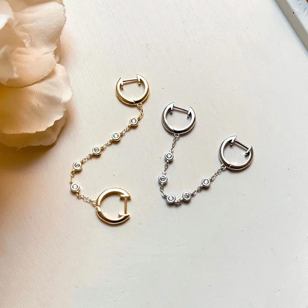 Arete Doble De Plata 925 Cadena Colgante Zirconias Piercing
