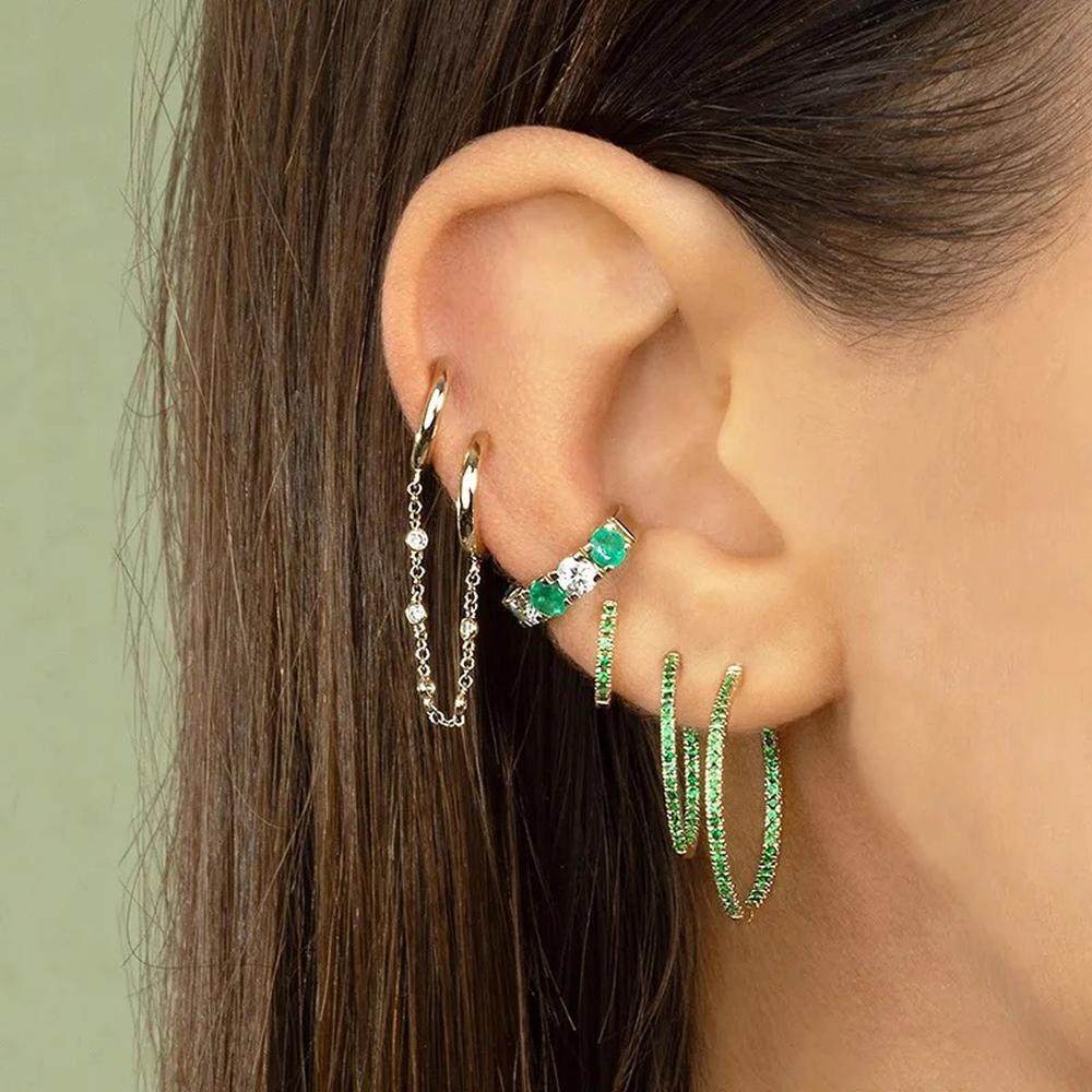Arete Doble De Plata 925 Cadena Colgante Zirconias Piercing