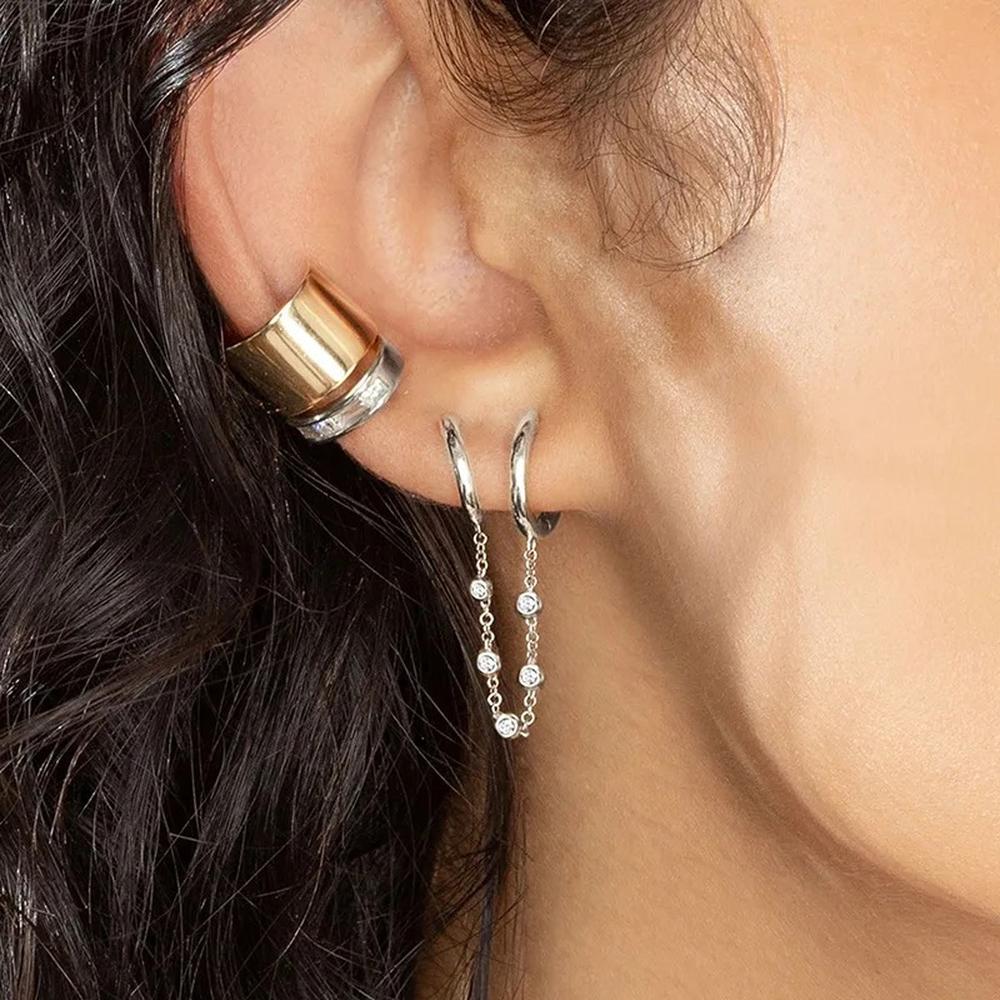 Arete Doble De Plata 925 Cadena Colgante Zirconias Piercing