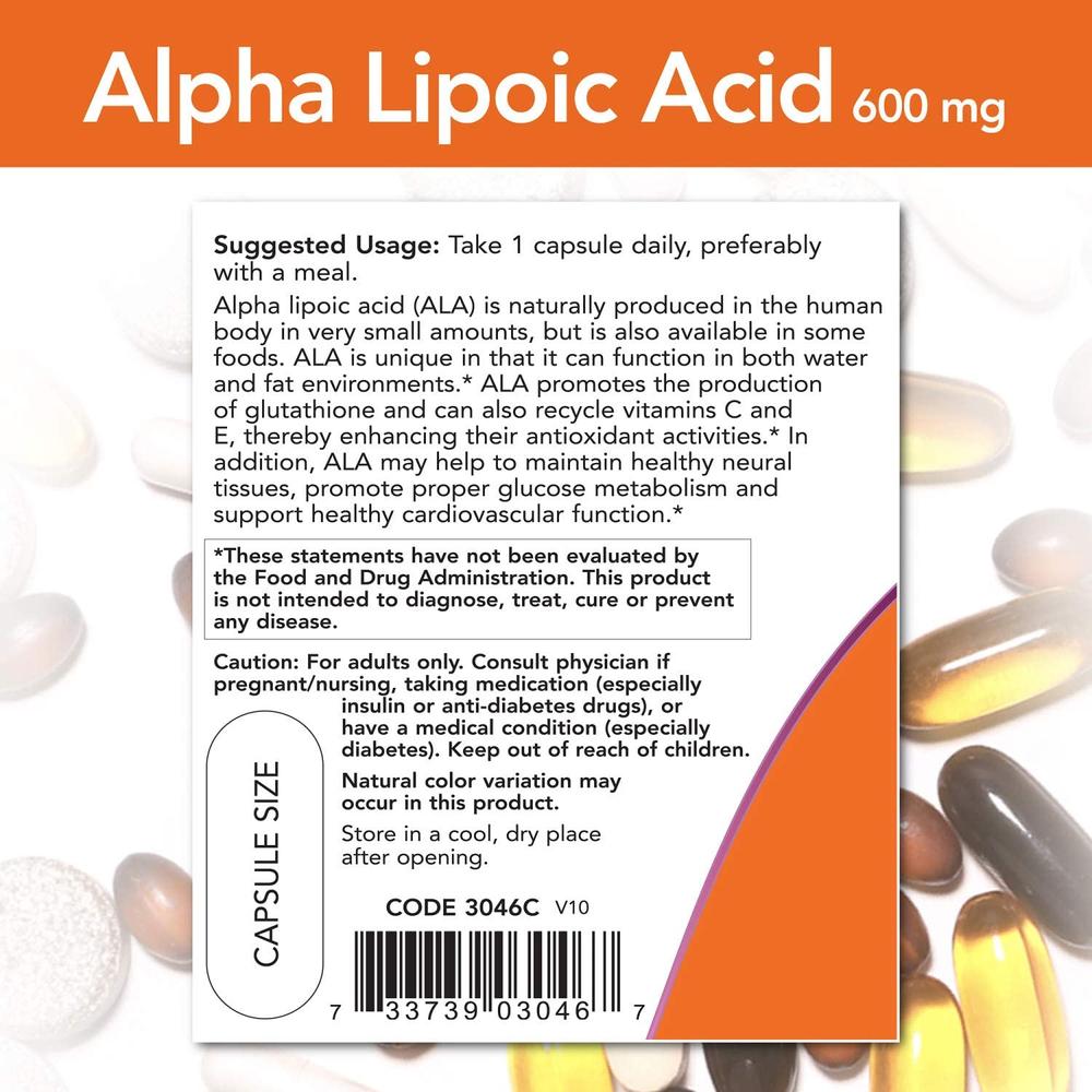 Ácido Alfa Lipoico 600mg Now Alpha Lipoic Acid 60 Cápsulas