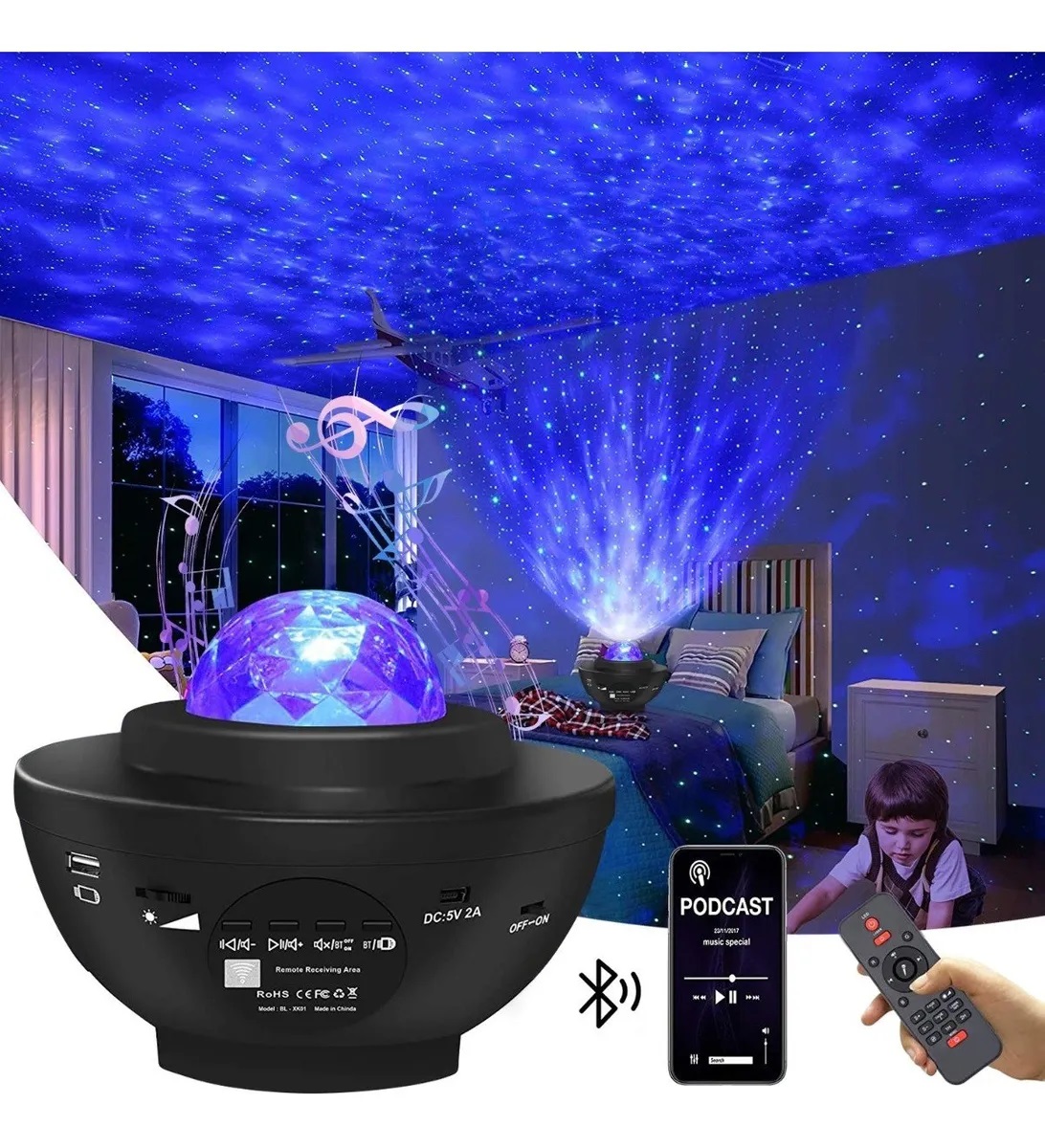 Lámpara con Proyector de Estrellas LED y Altavoz de Música (Blanco)