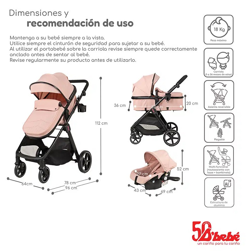 Carriola con Portabebe y Base DBEBE King Rosa