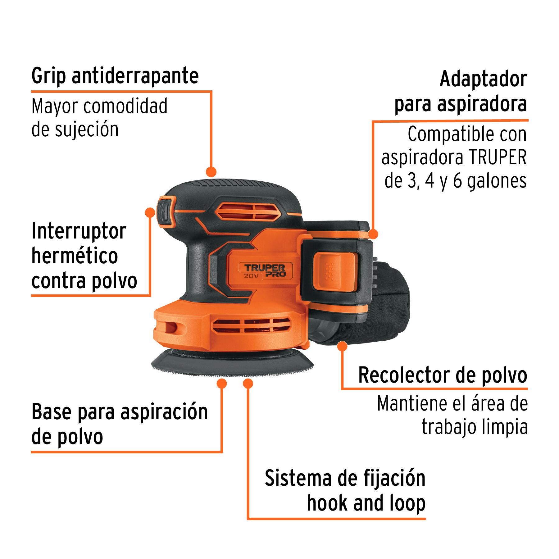 Lijadora roto-orbital 5", 20V, 1 batería 2Ah, PRO