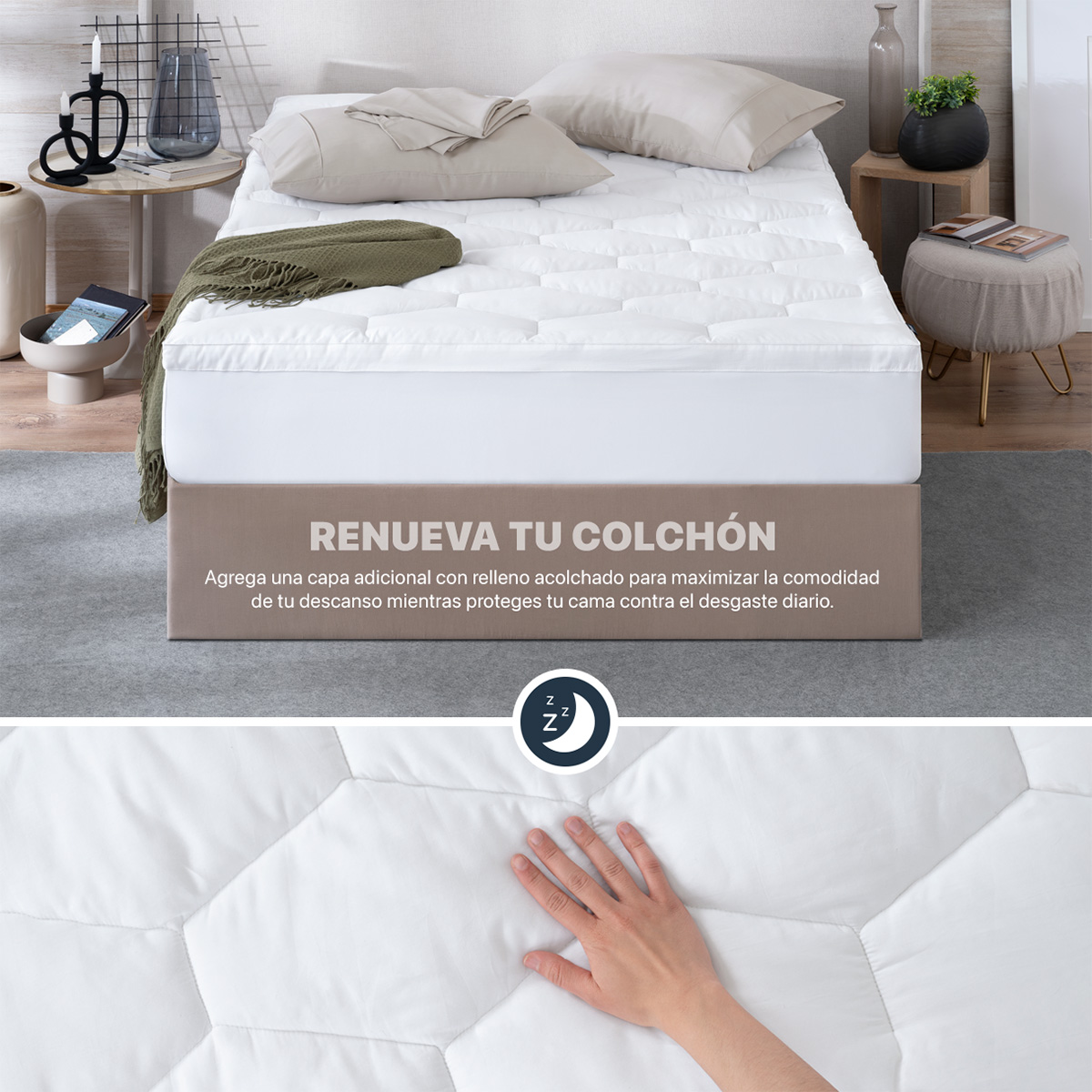 Cubre Colchón Matrimonial de 100% Algodón con Relleno Acolchado Down Alternative, Protector para Colchones Hipoalergénico y Transpirable ESQUIMAL