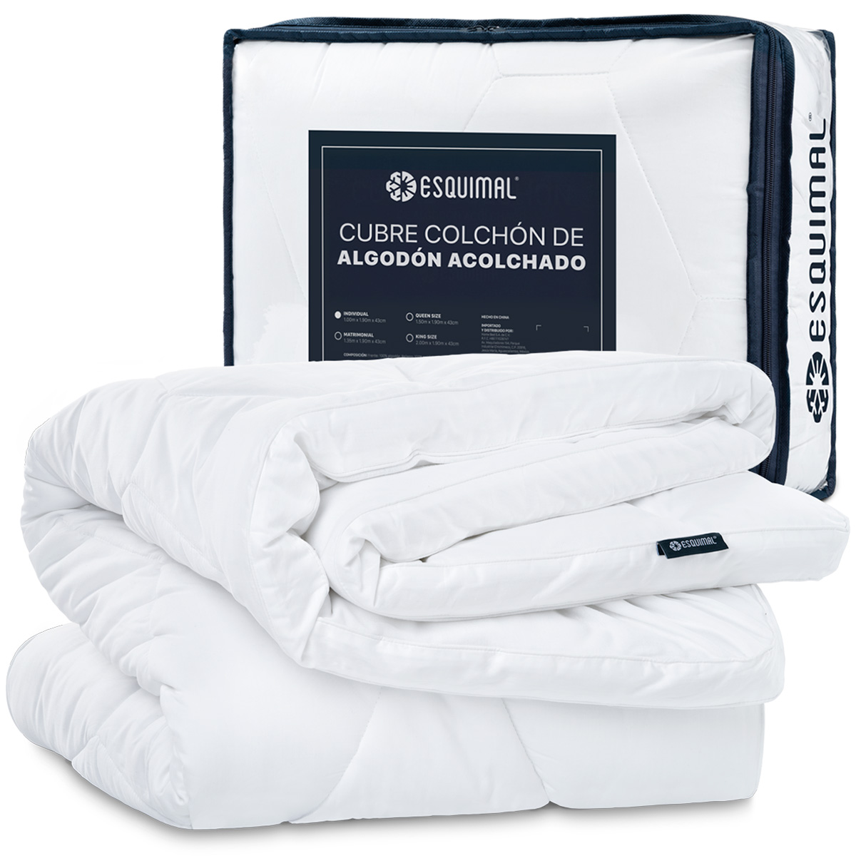Cubre Colchón Matrimonial de 100% Algodón con Relleno Acolchado Down Alternative, Protector para Colchones Hipoalergénico y Transpirable ESQUIMAL