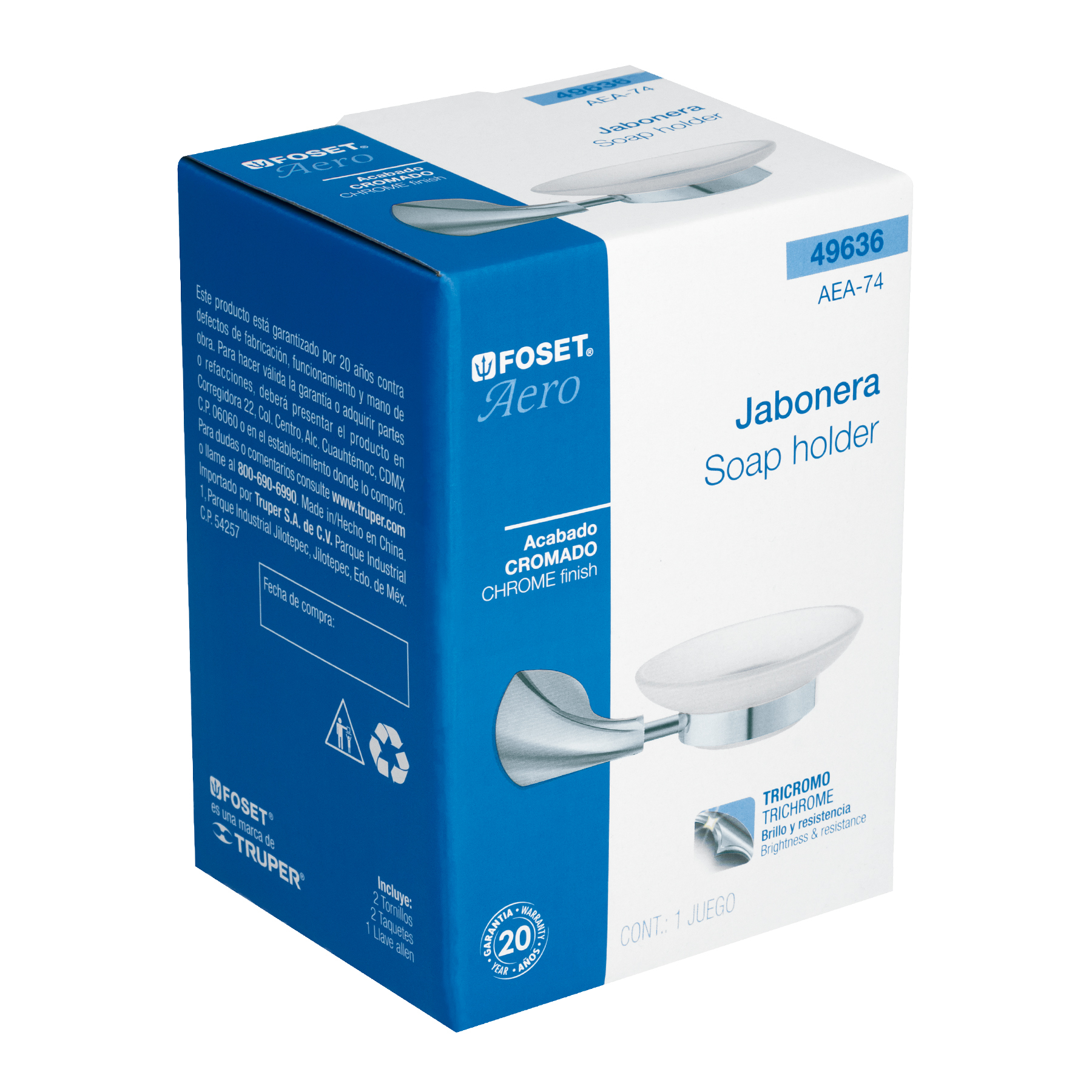 Jabonera metálica con plato de vidrio, Foset