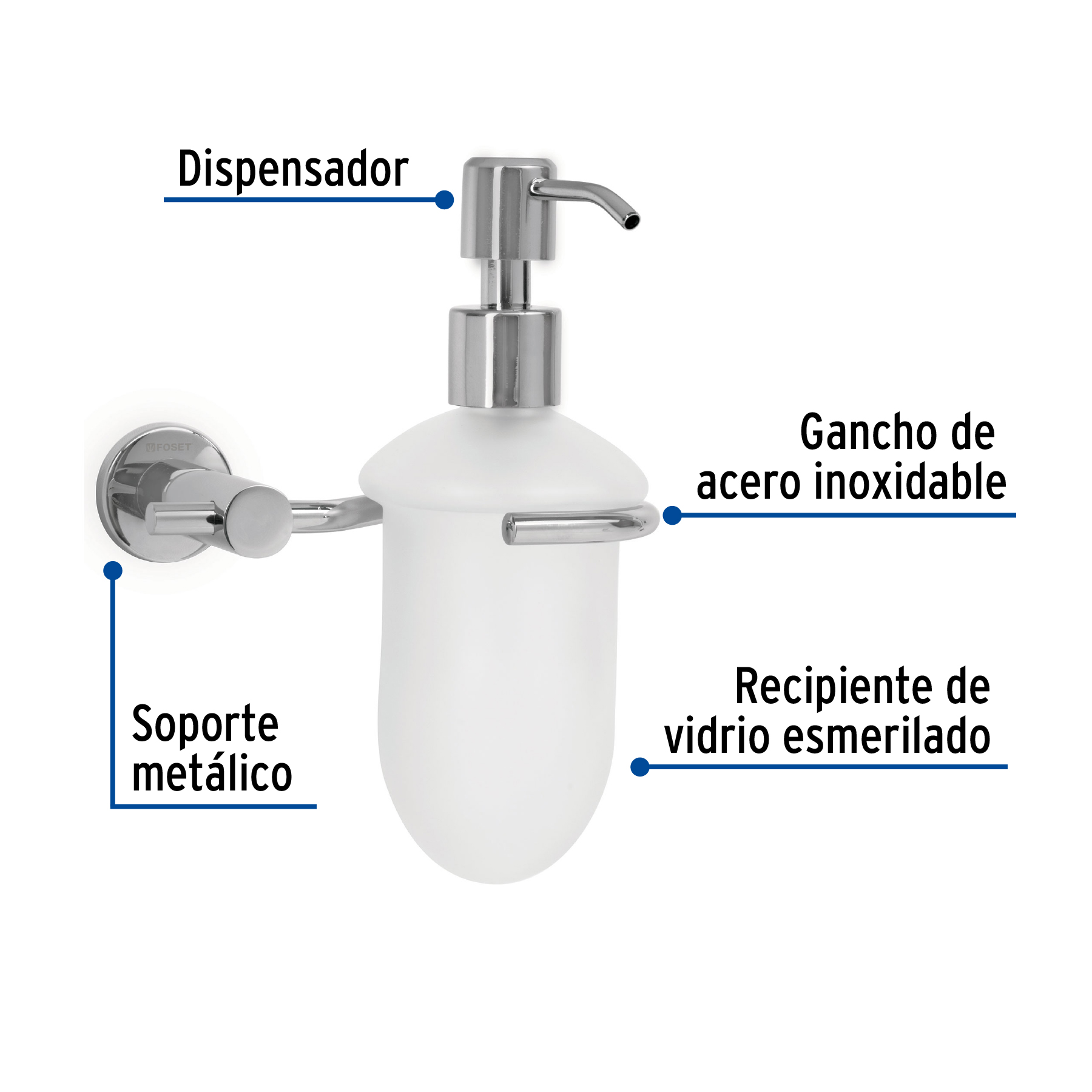 Dispensador de jabón a pared en acabado cromo, Foset