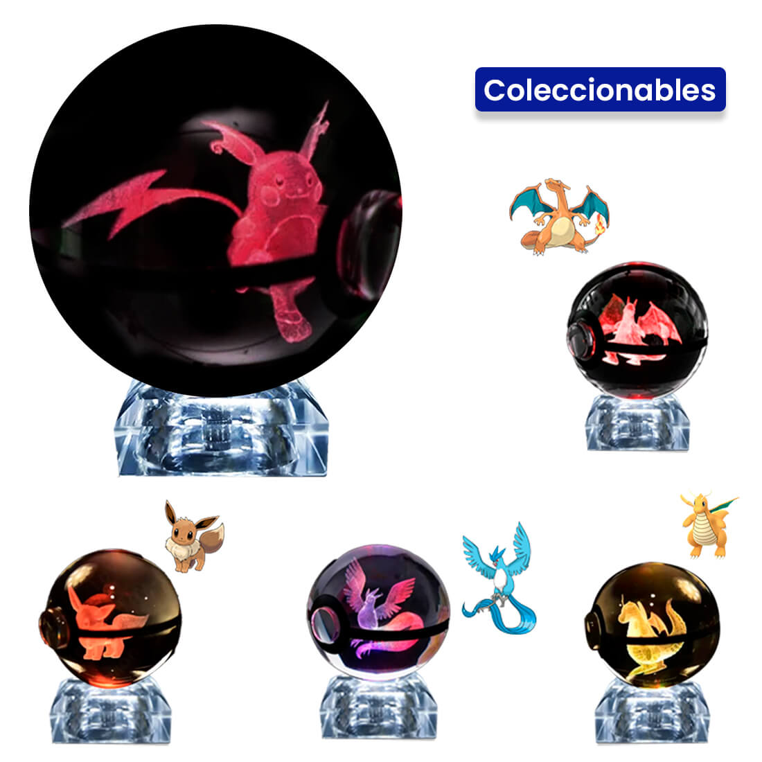 Pokebola De Cristal 3d Pokemon Cristal Varios Modelos Luz Raichu