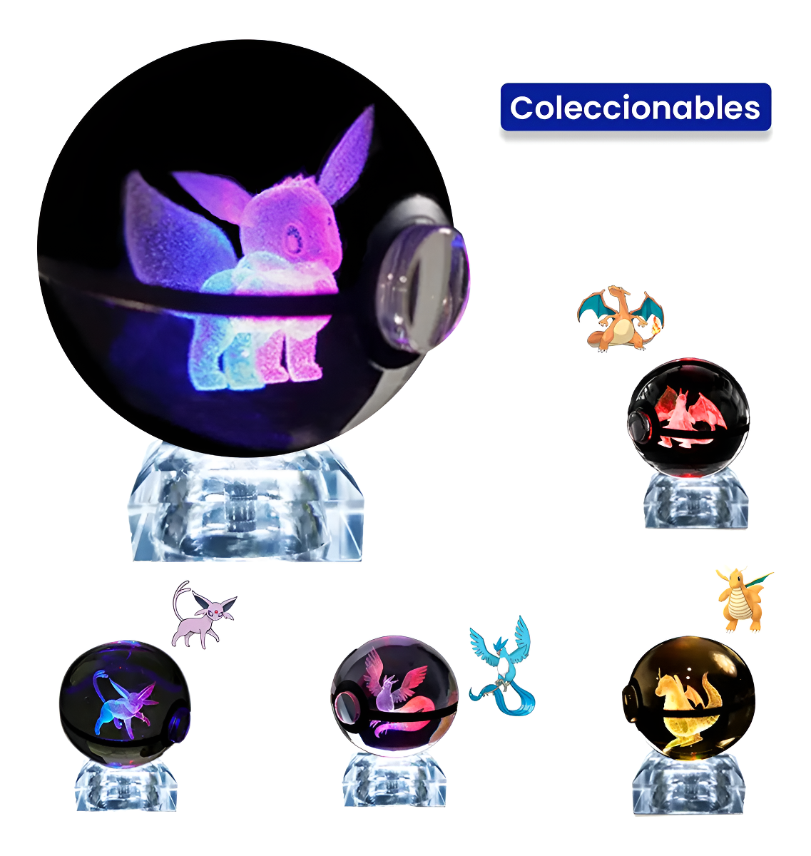 Pokebola De Cristal 3d Pokemon Cristal Varios Modelos Luz Eevee