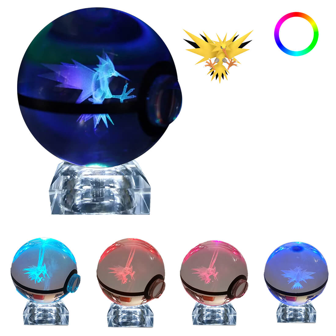 Pokebola De Cristal 3d Pokemon Cristal Varios Modelos Luz Zapdos