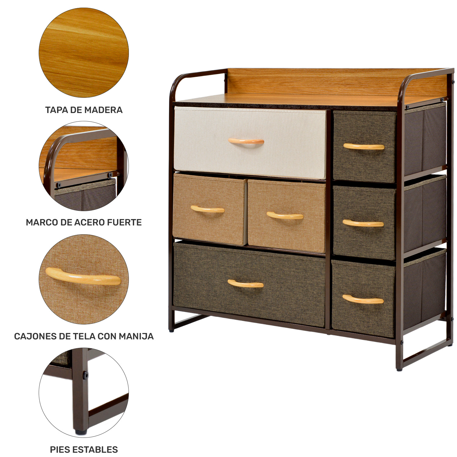 Mueble Buro Organizador Comoda Cafe Metal 7 Cajoneras Tela