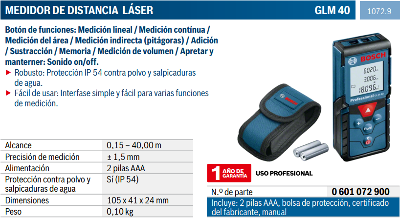 Medidor de distancia láser GLM 40 1072.9 Bosch