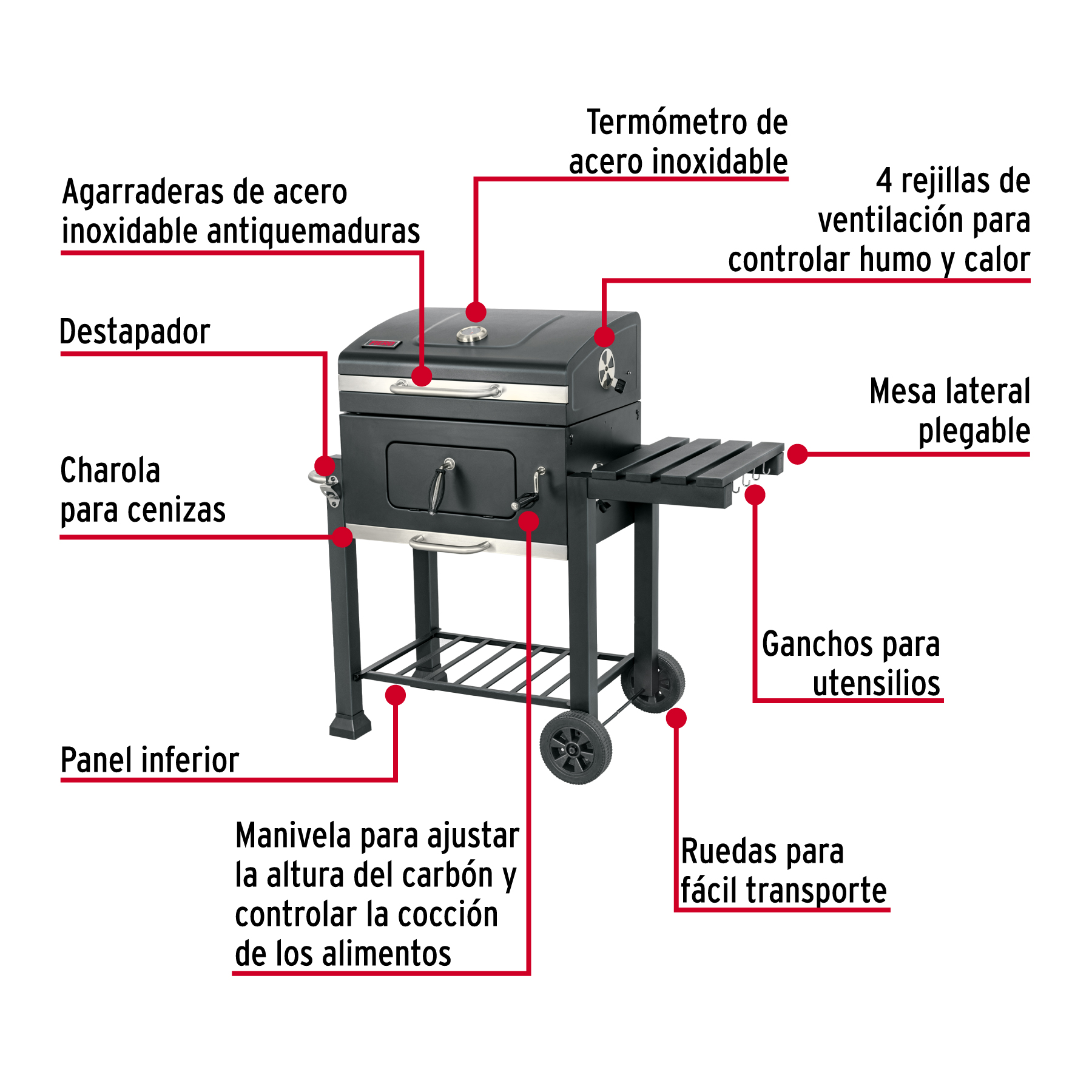 Asador de carbón de 24" con tapa, negro,  2 parrillas de hierro fundido  