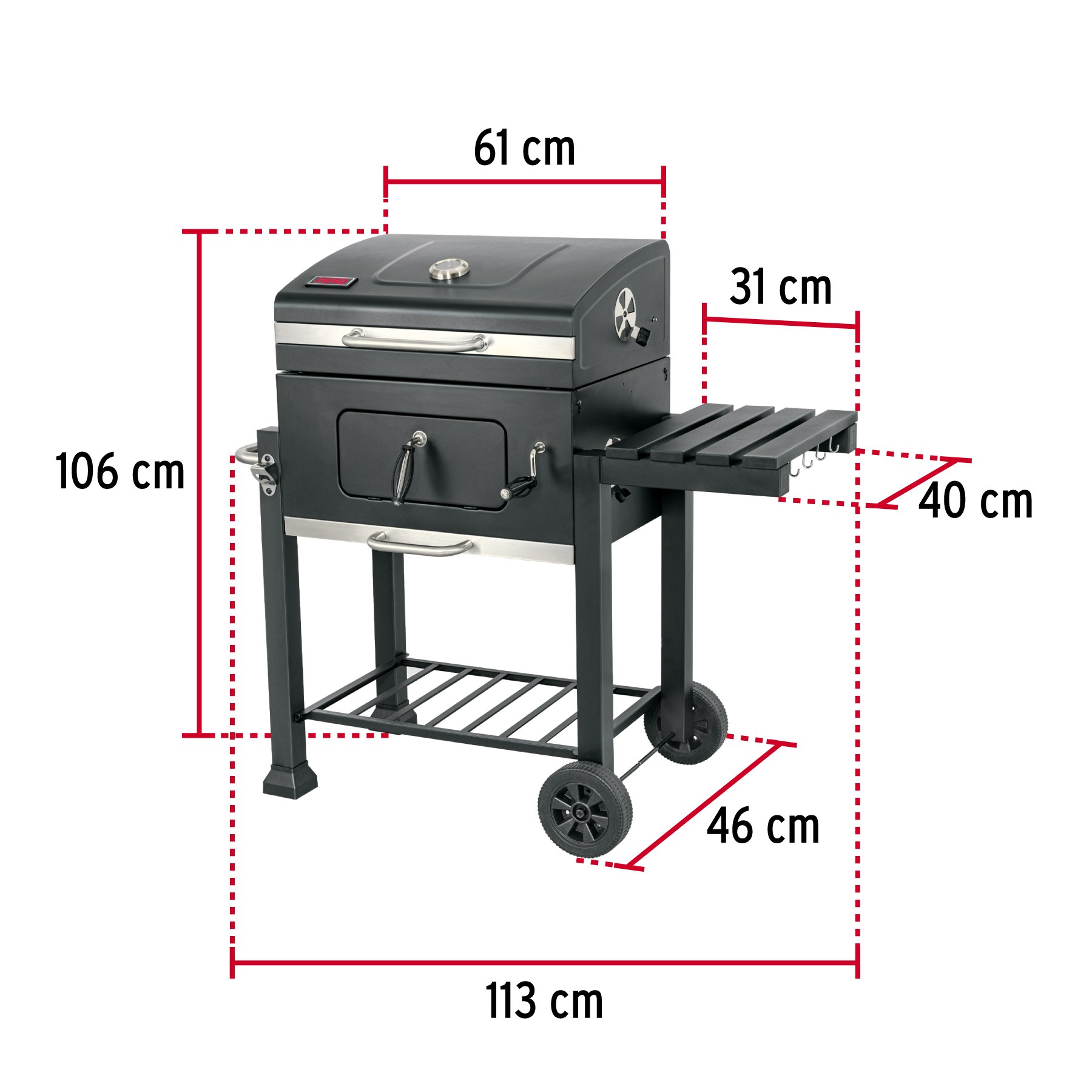 Asador de carbón de 24" con tapa, negro,  2 parrillas de hierro fundido  