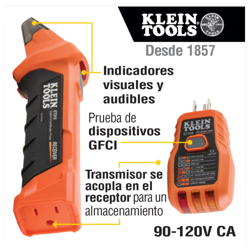 Detector digital de cortacircuitos con probador de tomacorrientes GFCI ET310 Klein Tools