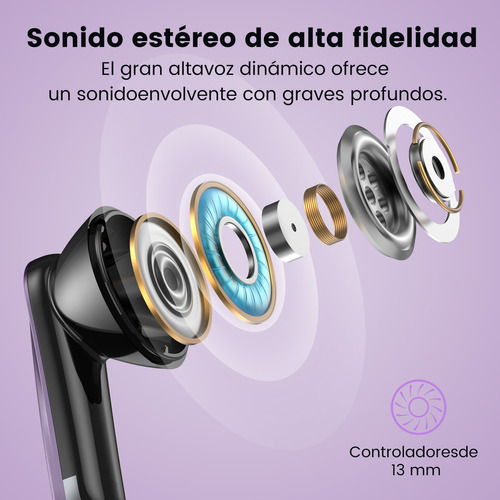 Audífonos Inalámbricos Occiam P91 In Ear Bluetooth 5.4 ANC ±30dB Cancelación de Ruido Color Morado 60H Autonomía ENC Conexión Rápida Carga Inalámbrica HI-FI Bajo IPX7