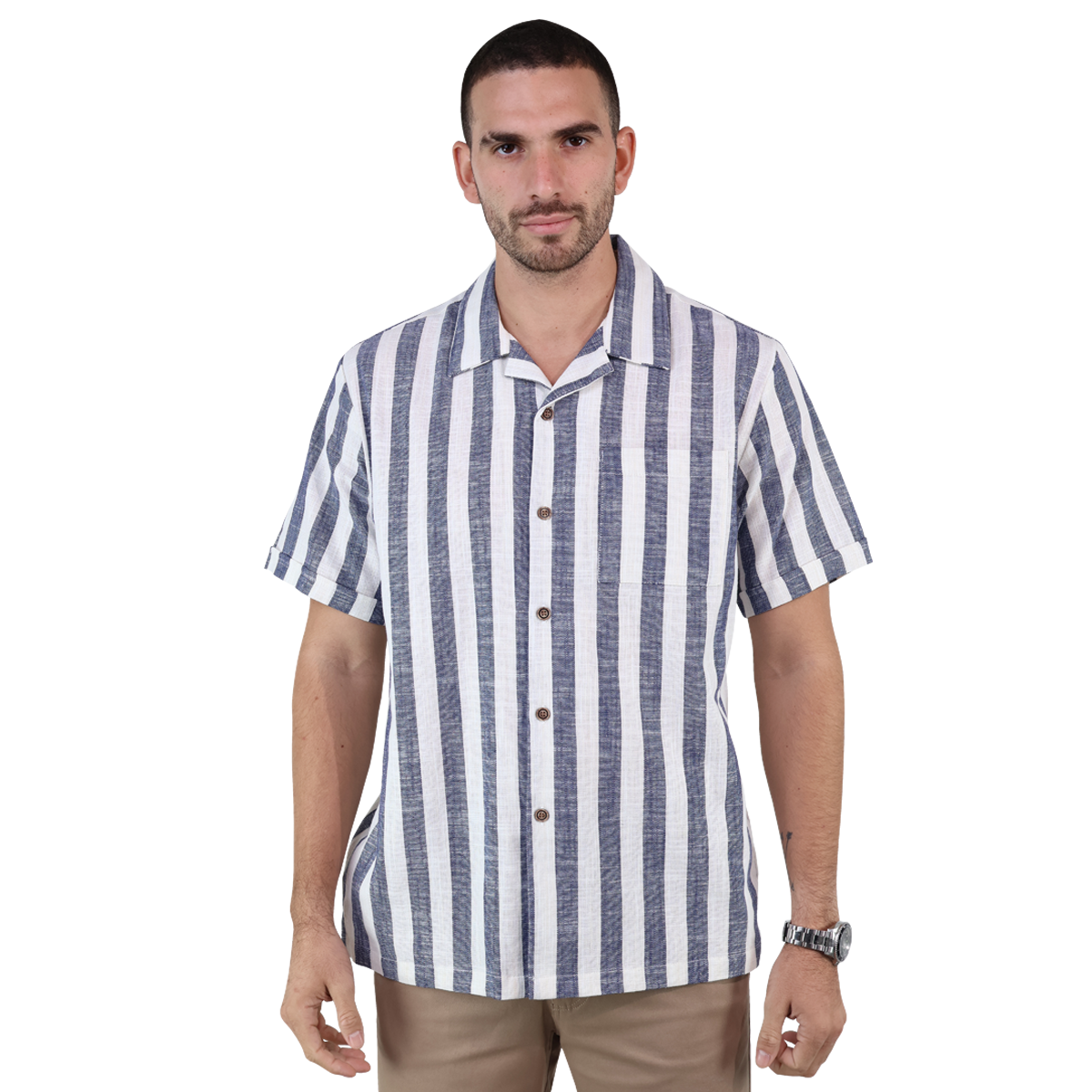 Camisa Resort Manga Corta De Algodón Estamado A Rayas Azules Para Hombre