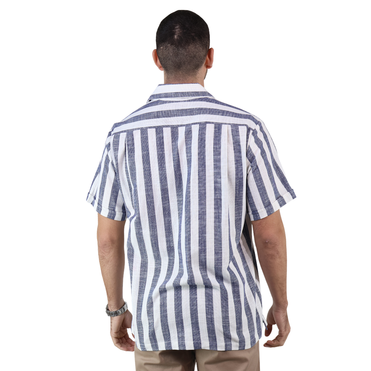 Camisa Resort Manga Corta De Algodón Estamado A Rayas Azules Para Hombre