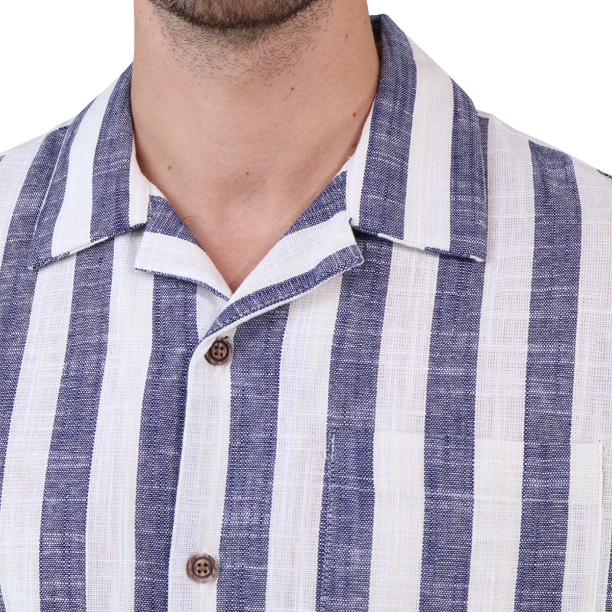Camisa Resort Manga Corta De Algodón Estamado A Rayas Azules Para Hombre