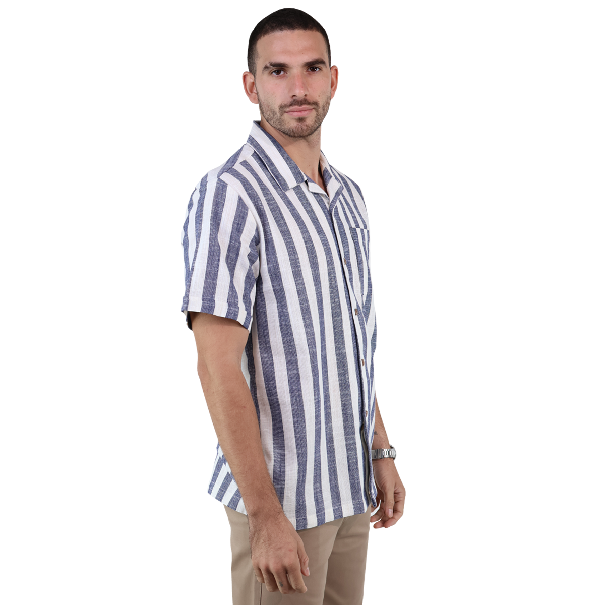 Camisa Resort Manga Corta De Algodón Estamado A Rayas Azules Para Hombre
