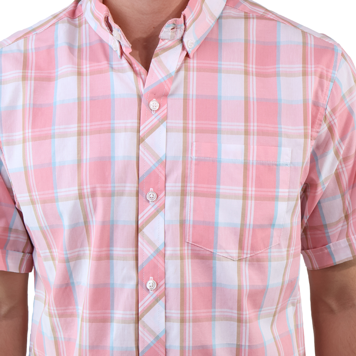 Camisa De Algodón Con Textura De Cuadros Rosa Manga Corta Para Hombre