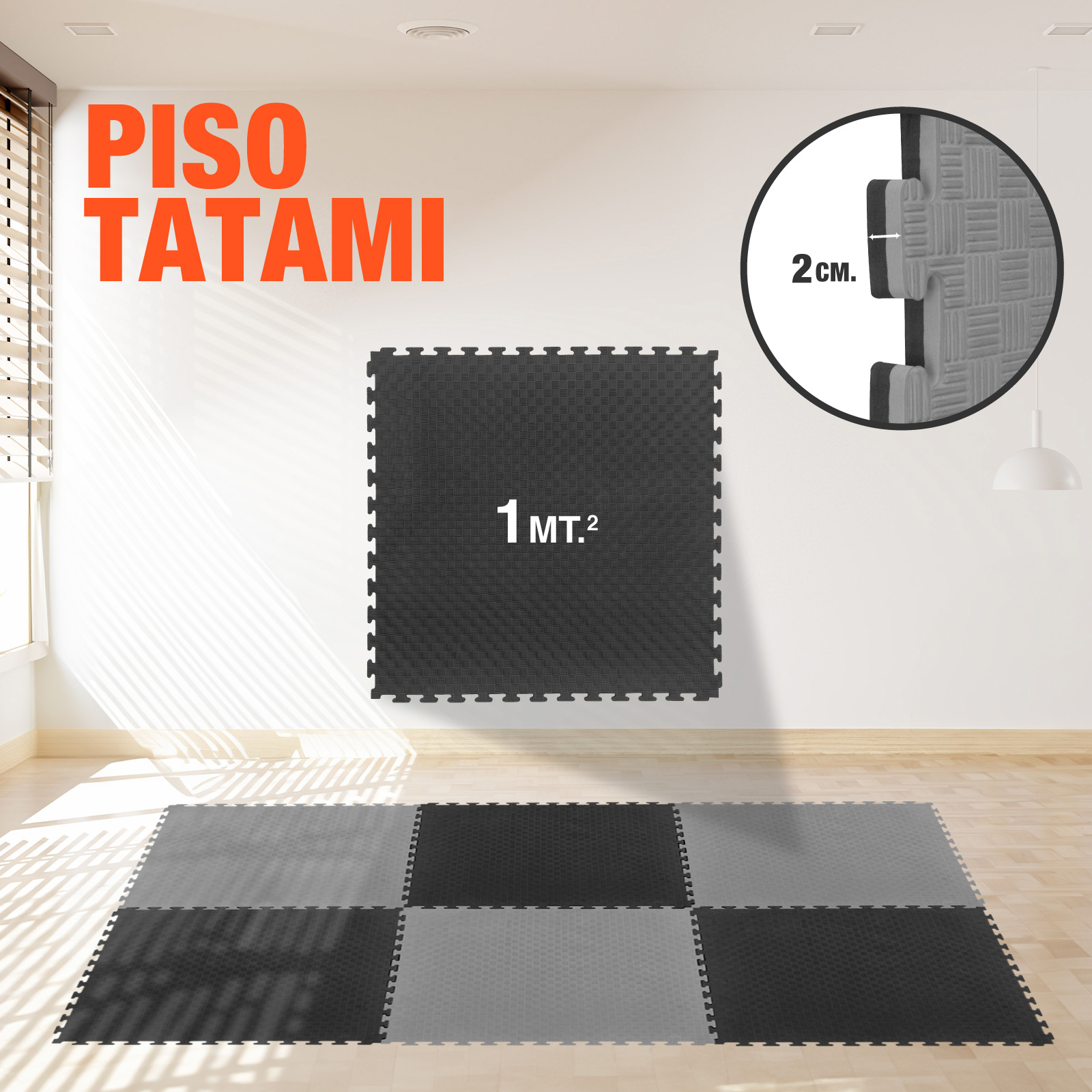 Tatami Judo Taekwondo Piso Para Gimnasio 1m Altera Patron Cuadros Color Negro-Gris