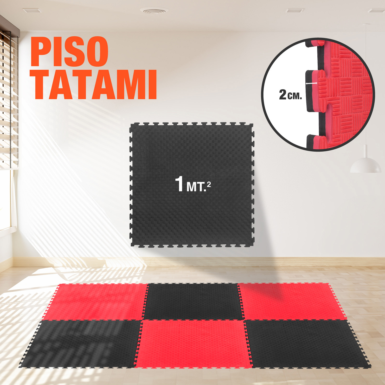 Tatami Judo Taekwondo Piso Para Gimnasio 1m Altera 1pz Patron Cuadros Color Negro-Rojo