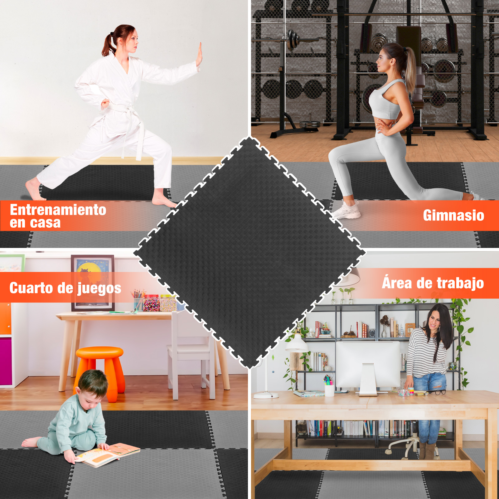 Tatami Judo Taekwondo Piso Para Gimnasio 1m Altera Patron Cuadros Color Negro-Gris