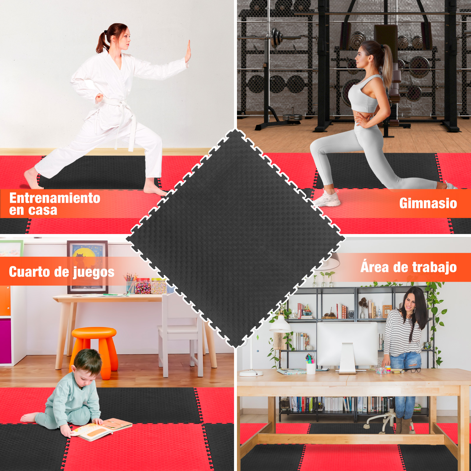 Tatami Judo Taekwondo Piso Para Gimnasio 1m Altera 1pz Patron Cuadros Color Negro-Rojo