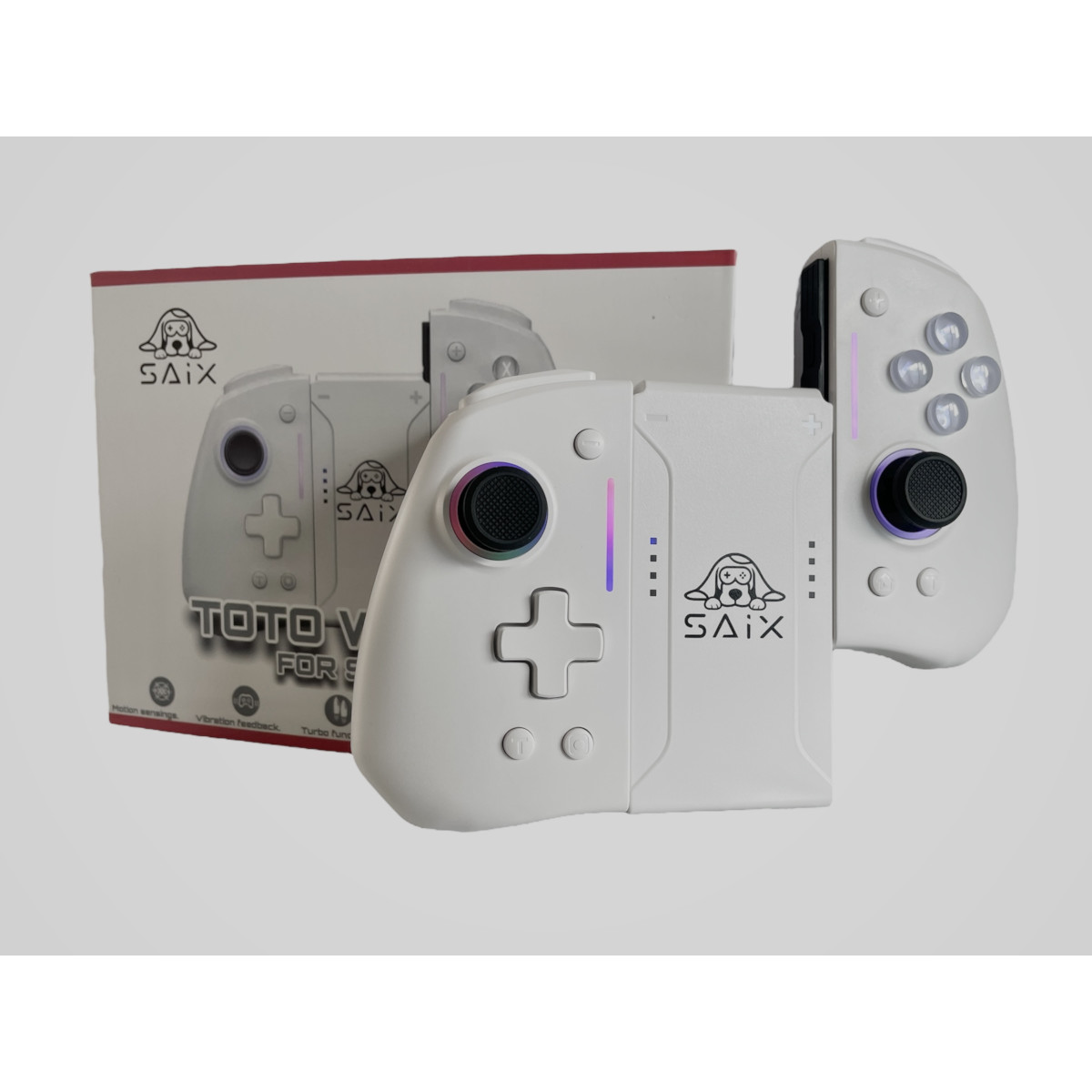 Control Inalámbrico SAIX Joypad Toto White 2 para Nintendo Switch – Sticks Antidrift, Vibración Ajustable y Luces RGB