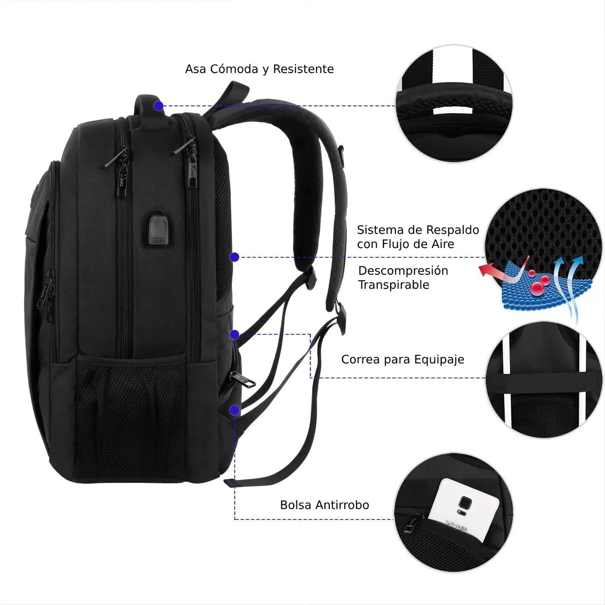 Mochila para laptop 15.6 pulgadas Bolsillo antirrobo e impermeable Con Puerto USB Mas Audífonos Diadema 1 hora Inalámbricos Con Luz LED