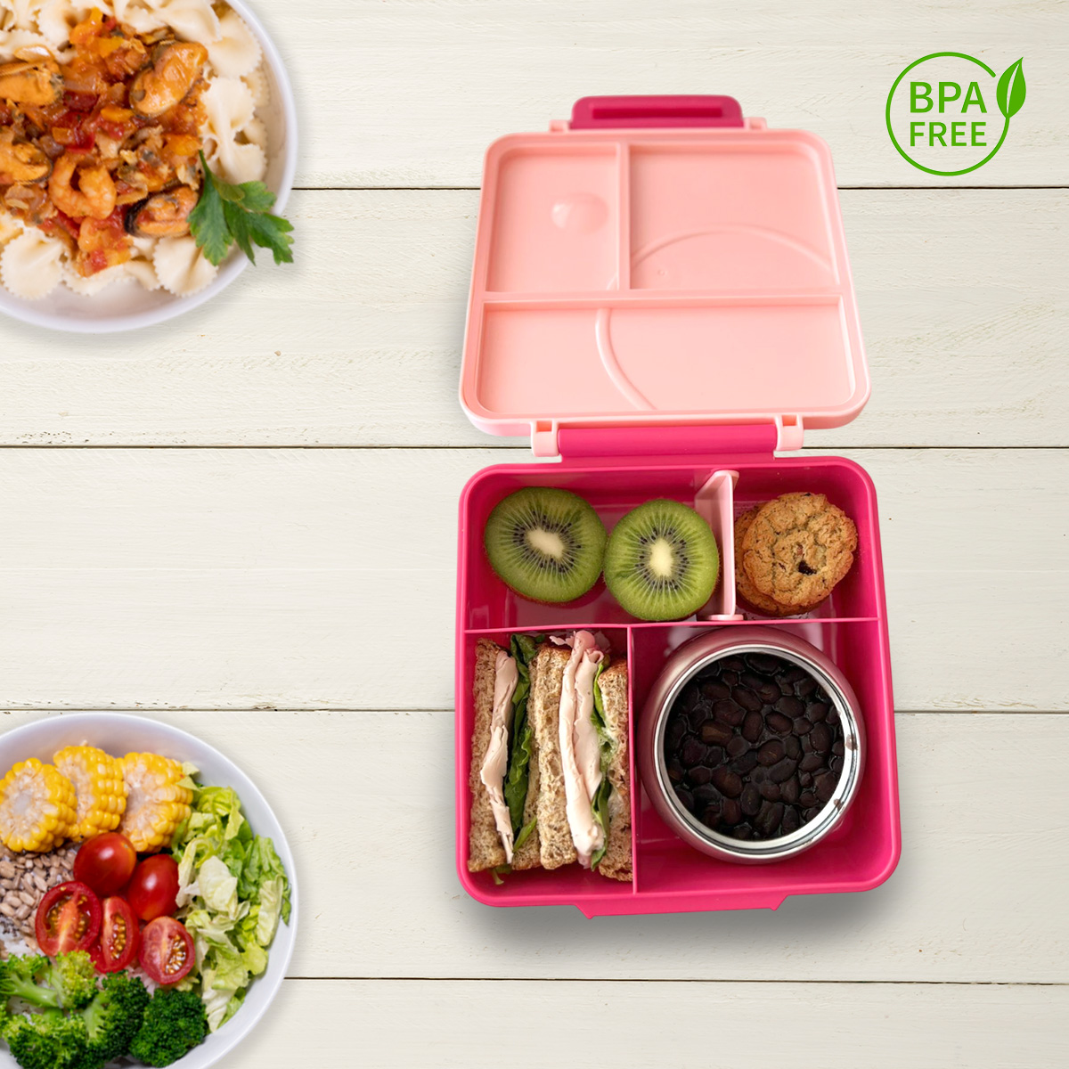 Lonchera para niña tipo omiebox incluye termo, bento box c 4 compartimentos modulables de gran capacidad, lunch box con sellado hermético anti-fugas, caja de almuerzo BPA Free