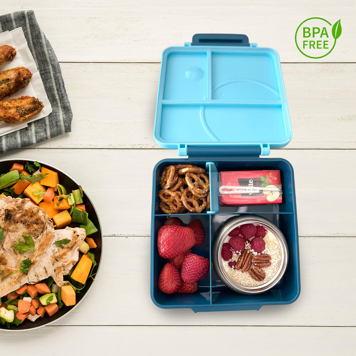 Lonchera niña y niño tipo omiebox incluye termo, bento box c 4 compartimentos modulables de gran capacidad, lunch box con sellado hermético anti-fugas, caja de almuerzo BPA Free